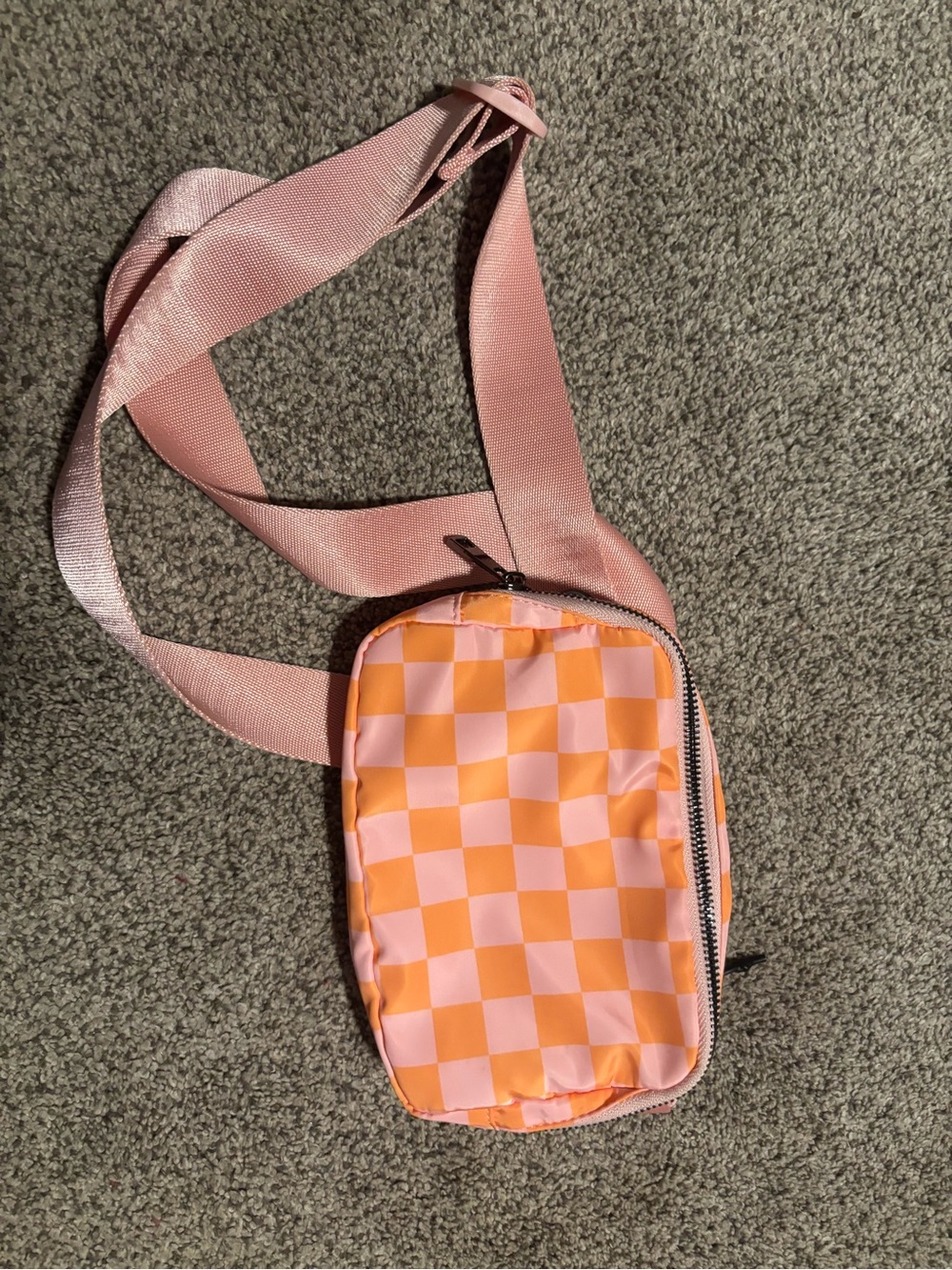 Pink and Orange Checkered Crossbody Bag with Adjustable Strap